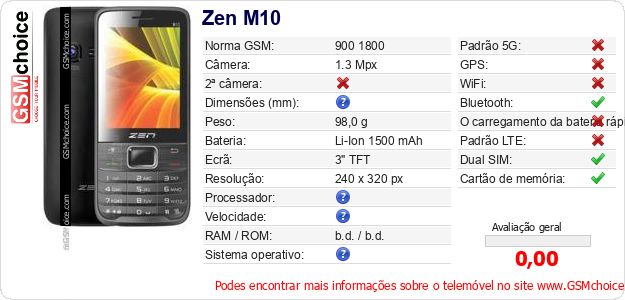Zen M10 Especificações técnicas do telemóvel 
