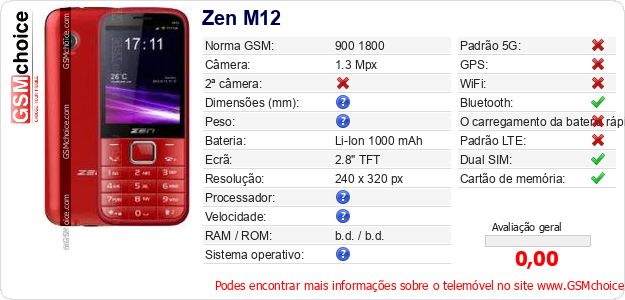 Zen M12 Especificações técnicas do telemóvel Zen M12 Especificações técnicas do telemóvel