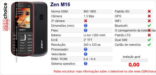 Zen M16 Especificações técnicas do telemóvel Zen M16 Especificações técnicas do telemóvel