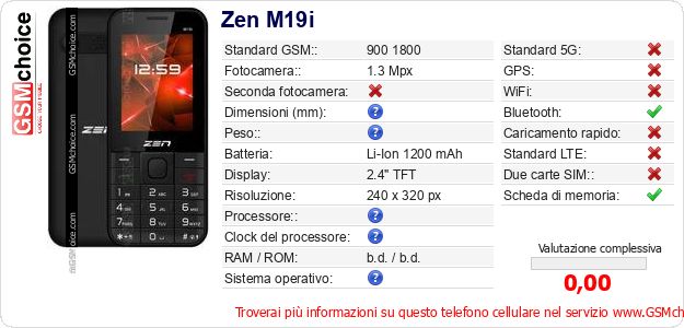 Zen M19i Dati tecnici di telefono cellulare Zen M19i Dati tecnici di telefono cellulare