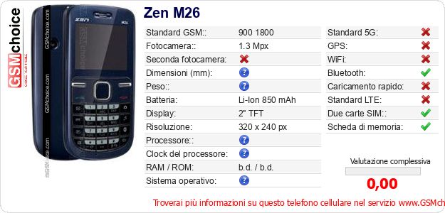 Zen M26 Dati tecnici di telefono cellulare Zen M26 Dati tecnici di telefono cellulare