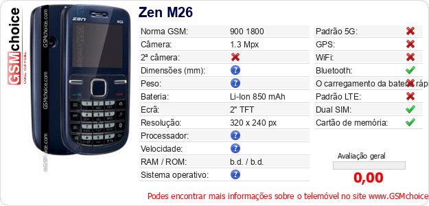 Zen M26 Especificações técnicas do telemóvel Zen M26 Especificações técnicas do telemóvel