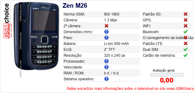 Zen M26 Especificações técnicas do telemóvel Zen M26 Especificações técnicas do telemóvel