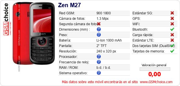 Zen M27 Datos técnicos del móvil Zen M27 Datos técnicos del móvil
