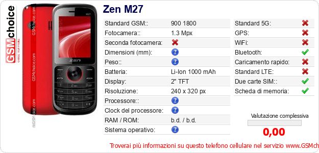 Zen M27 Dati tecnici di telefono cellulare Zen M27 Dati tecnici di telefono cellulare