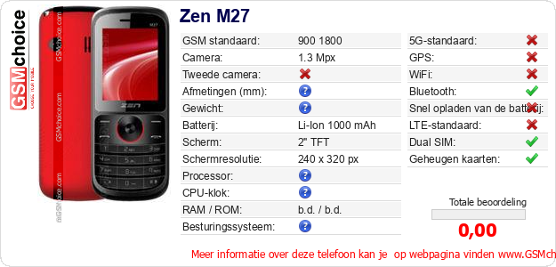Zen M27 Technische gegevens 
