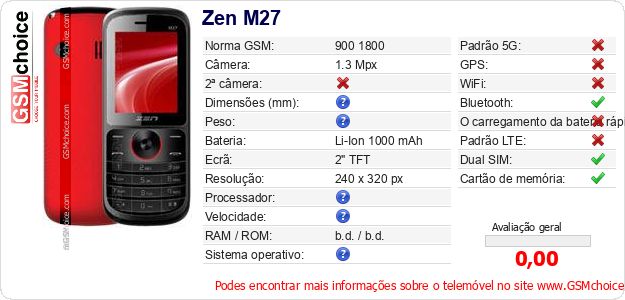 Zen M27 Especificações técnicas do telemóvel Zen M27 Especificações técnicas do telemóvel