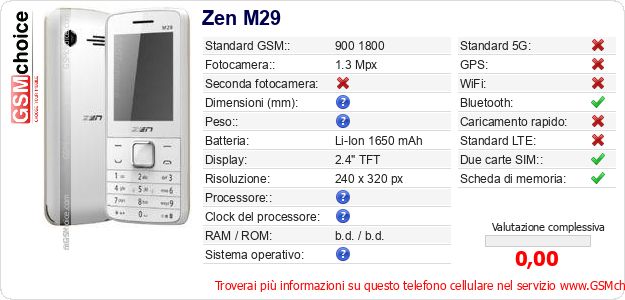 Zen M29 Dati tecnici di telefono cellulare Zen M29 Dati tecnici di telefono cellulare
