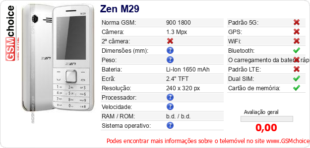 Zen M29 Especificações técnicas do telemóvel 