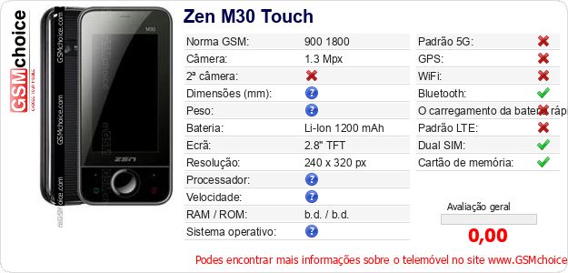 Zen M30 Touch Especificações técnicas do telemóvel 