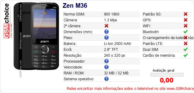 Zen M36 Especificações técnicas do telemóvel Zen M36 Especificações técnicas do telemóvel