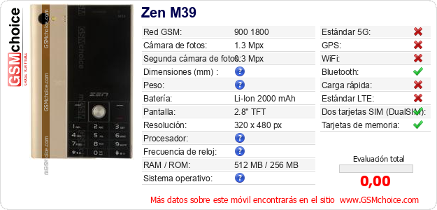 Zen M39 Datos técnicos del móvil Zen M39 Datos técnicos del móvil