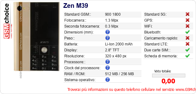 Zen M39 Dati tecnici di telefono cellulare Zen M39 Dati tecnici di telefono cellulare