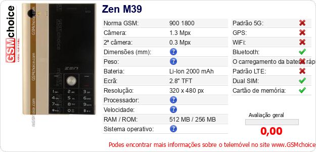 Zen M39 Especificações técnicas do telemóvel 