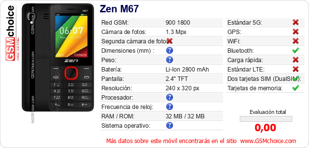 Zen M67 Datos técnicos del móvil Zen M67 Datos técnicos del móvil