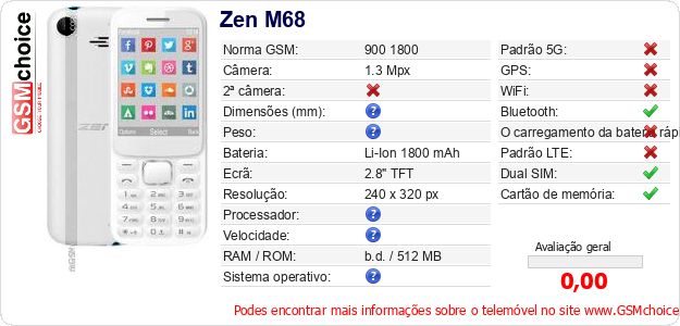 Zen M68 Especificações técnicas do telemóvel Zen M68 Especificações técnicas do telemóvel