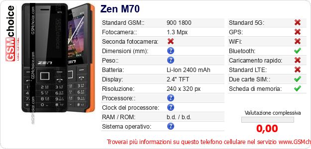 Zen M70 Dati tecnici di telefono cellulare Zen M70 Dati tecnici di telefono cellulare