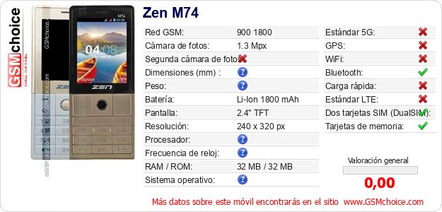 Zen M74 Datos técnicos del móvil Zen M74 Datos técnicos del móvil