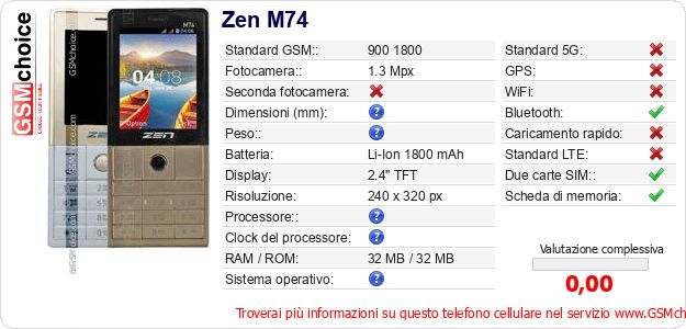 Zen M74 Dati tecnici di telefono cellulare Zen M74 Dati tecnici di telefono cellulare
