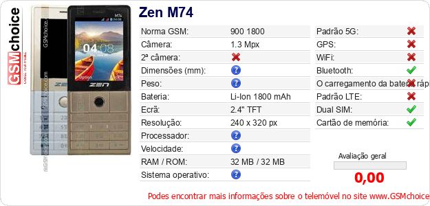 Zen M74 Especificações técnicas do telemóvel Zen M74 Especificações técnicas do telemóvel