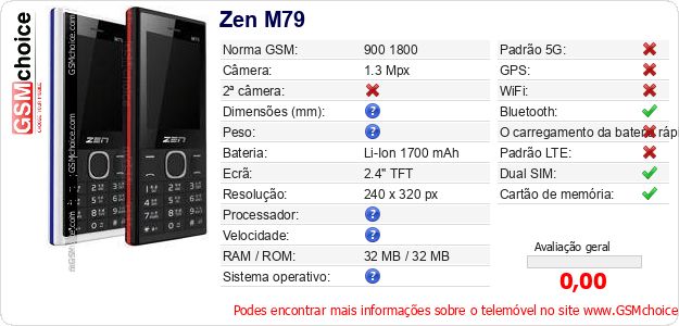 Zen M79 Especificações técnicas do telemóvel Zen M79 Especificações técnicas do telemóvel