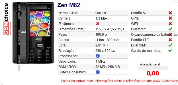 Zen M82 Especificações técnicas do telemóvel Zen M82 Especificações técnicas do telemóvel