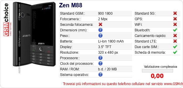 Zen M88 Dati tecnici di telefono cellulare Zen M88 Dati tecnici di telefono cellulare