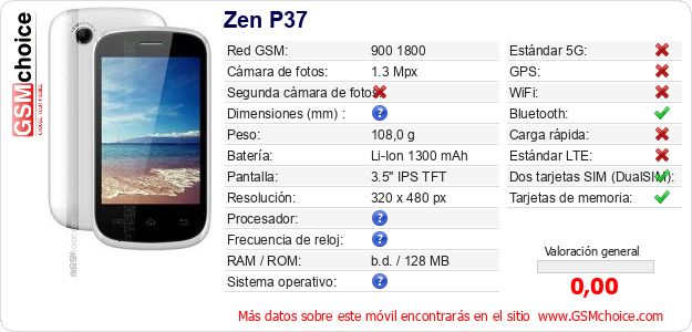 Zen P37 Datos técnicos del móvil Zen P37 Datos técnicos del móvil