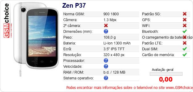 Zen P37 Especificações técnicas do telemóvel Zen P37 Especificações técnicas do telemóvel
