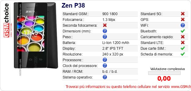 Zen P38 Dati tecnici di telefono cellulare Zen P38 Dati tecnici di telefono cellulare