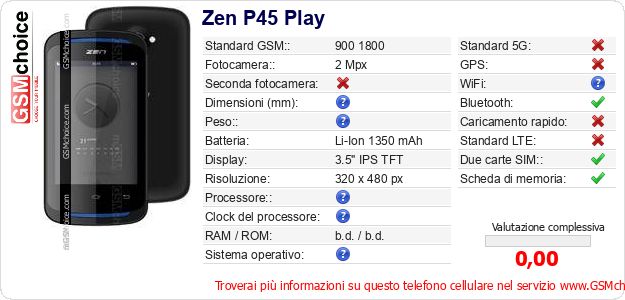 Zen P45 Play Dati tecnici di telefono cellulare Zen P45 Play Dati tecnici di telefono cellulare