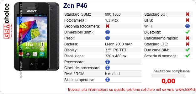 Zen P46 Dati tecnici di telefono cellulare Zen P46 Dati tecnici di telefono cellulare