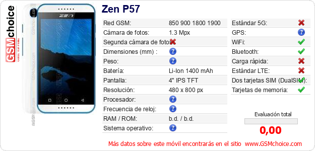 Zen P57 Datos técnicos del móvil Zen P57 Datos técnicos del móvil