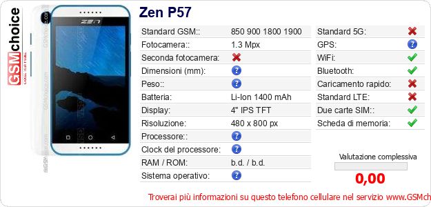 Zen P57 Dati tecnici di telefono cellulare Zen P57 Dati tecnici di telefono cellulare