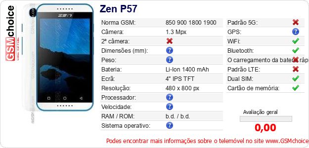 Zen P57 Especificações técnicas do telemóvel Zen P57 Especificações técnicas do telemóvel