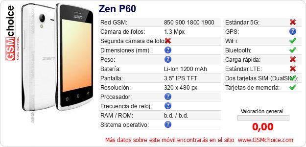 Zen P60 Datos técnicos del móvil Zen P60 Datos técnicos del móvil