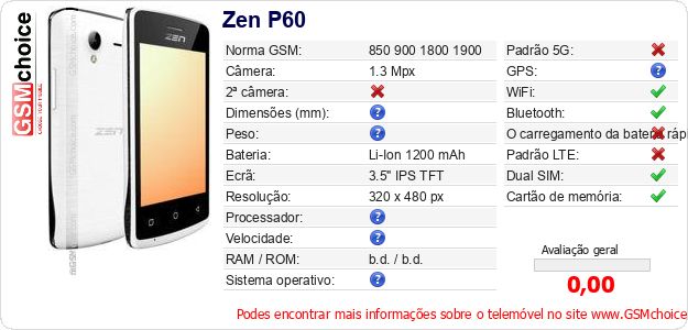 Zen P60 Especificações técnicas do telemóvel Zen P60 Especificações técnicas do telemóvel