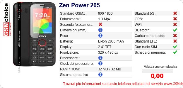 Zen Power 205 Dati tecnici di telefono cellulare Zen Power 205 Dati tecnici di telefono cellulare