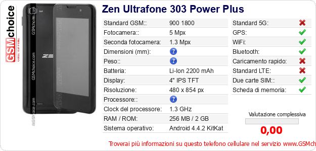 Zen Ultrafone 303 Power Plus Dati tecnici di telefono cellulare 