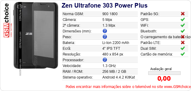 Zen Ultrafone 303 Power Plus Especificações técnicas do telemóvel 