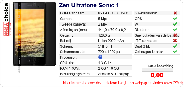 Zen Ultrafone Sonic 1 Technische gegevens Zen Ultrafone Sonic 1 Technische gegevens