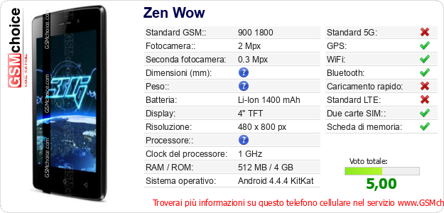 Zen Wow Dati tecnici di telefono cellulare 