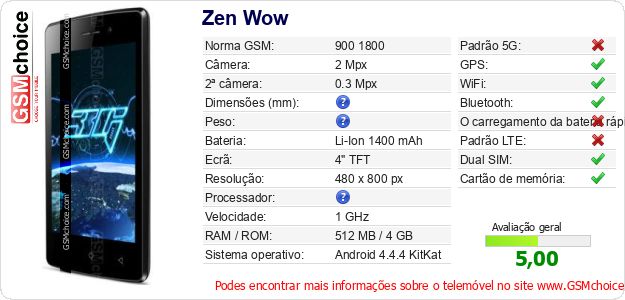 Zen Wow Especificações técnicas do telemóvel Zen Wow Especificações técnicas do telemóvel