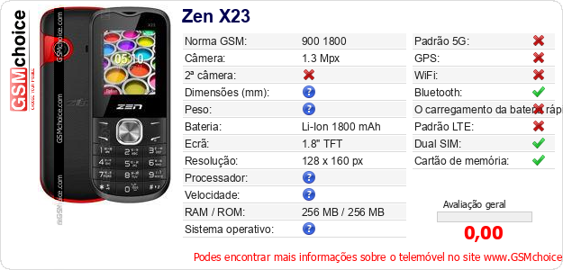 Zen X23 Especificações técnicas do telemóvel 