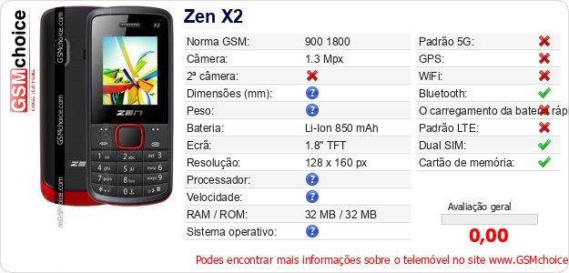 Zen X2 Especificações técnicas do telemóvel Zen X2 Especificações técnicas do telemóvel