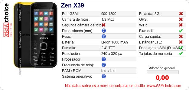 Zen X39 Datos técnicos del móvil Zen X39 Datos técnicos del móvil