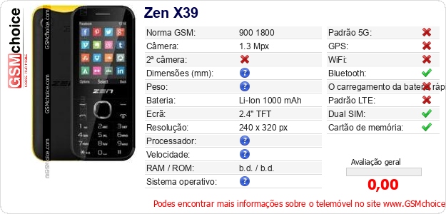 Zen X39 Especificações técnicas do telemóvel Zen X39 Especificações técnicas do telemóvel