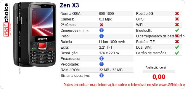 Zen X3 Especificações técnicas do telemóvel Zen X3 Especificações técnicas do telemóvel