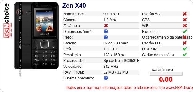 Zen X40 Especificações técnicas do telemóvel Zen X40 Especificações técnicas do telemóvel