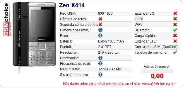 Zen X414 Datos técnicos del móvil Zen X414 Datos técnicos del móvil